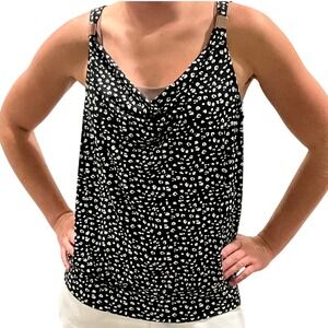 WHBM Women's Medium Tank Top Black White Print Sleeveless Cowl Neck Blouse